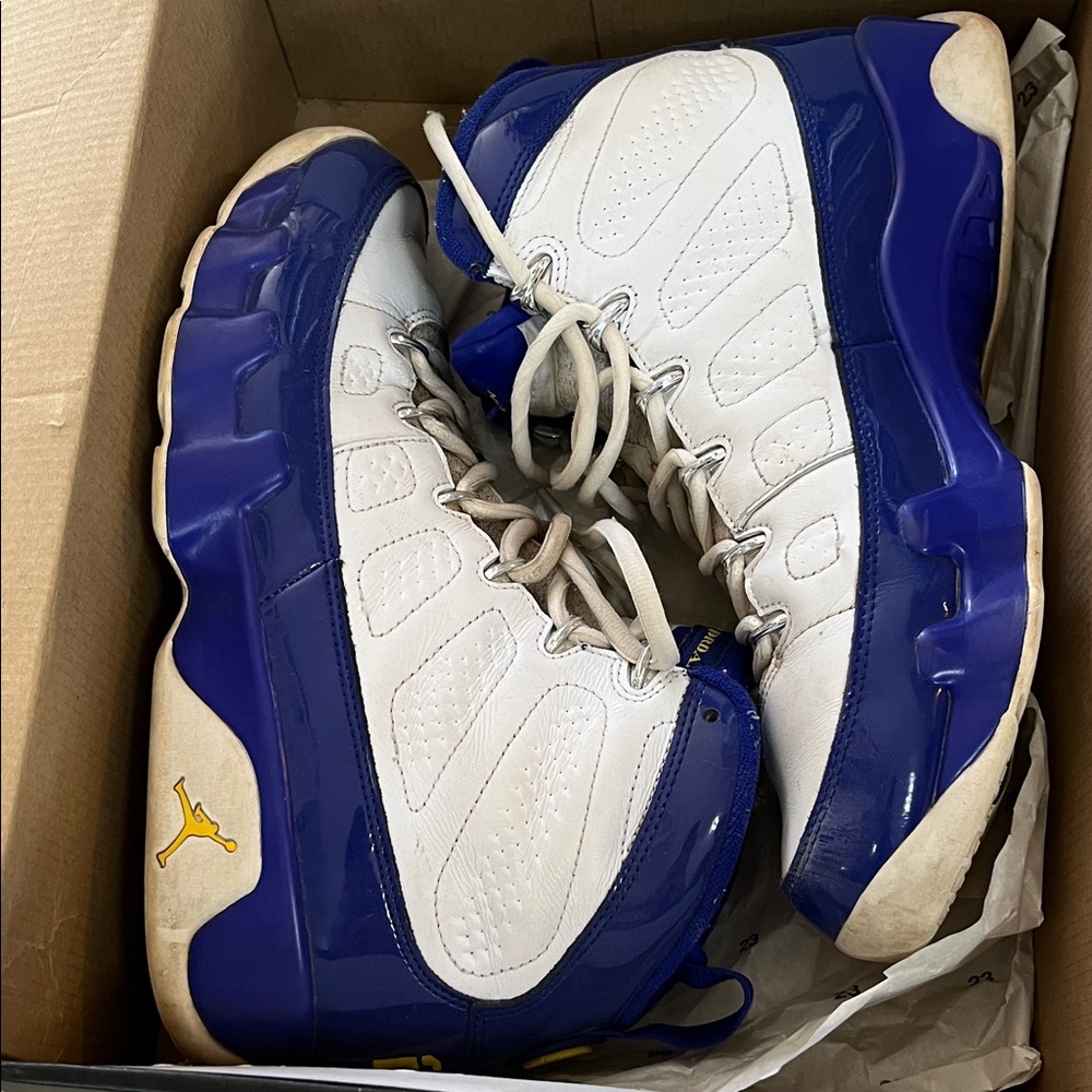 Men's Air Jordan 9 Retro White and Blue Sneakers with Yellow Accents 10